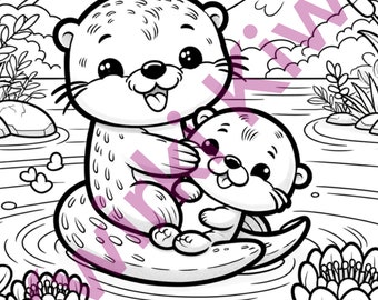 Printable Otter Family Coloring Page - Cute Kawaii River Otters PDF for Kids, Instant Download, Animal Coloring Activity, Nature-Themed Art