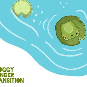 Op de afbeelding: Een groene cartoonkikker met een droevige uitdrukking zit op een groene waterlelie die op blauw water drijft. Het water heeft witte golvende lijnen en witte bubbels. De tekst "FROGGY STINGER TRANSITION" staat in groene tekst linksonder in de afbeelding. De tekst "MOV. WEBM. 1920X1080" staat in zwarte tekst rechtsonder in de afbeelding.