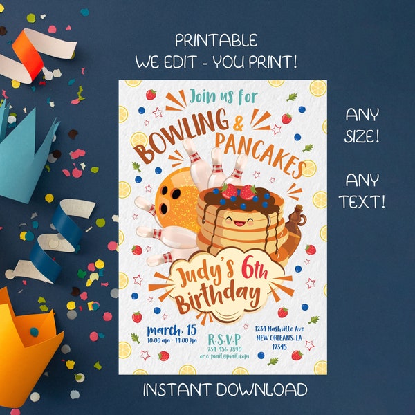 Pancakes Bowling Birthday Invitation Custom Printable Children Party decor