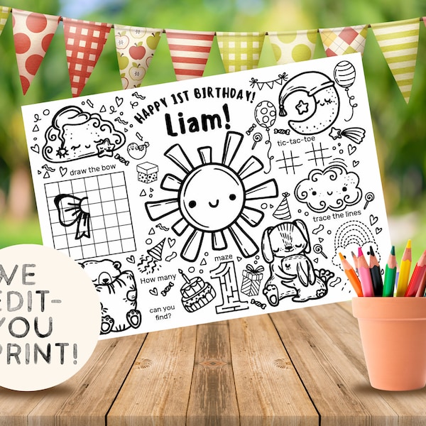 1st Birthday First Birthday Party Coloring Page Sun Placemat Personalized Kids Activity Sheet