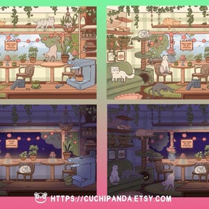 May include: A whimsical illustration of a cat cafe, featuring various cats lounging and interacting within a cozy, plant-filled interior. The scene includes tables, chairs, a coffee machine, and a sign that reads "Welcome to the Cat Cafe". The color palette is soft and inviting.