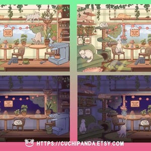 May include: A whimsical illustration of a cat cafe, featuring multiple cats lounging and playing amidst tables, chairs, and plants. The scene includes a coffee machine and a sign that reads "Welcome to the Dream". The overall color palette is soft and inviting.