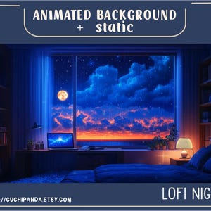 May include: Digital artwork of a bedroom scene with a night sky view through a window. The image includes the text "ANIMATED BACKGROUND + static" and "LOFI NIGHT". A laptop is on a desk, and bookshelves are visible. The moon is full.