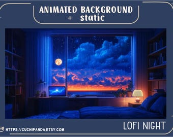 Geanimeerde streamachtergrond zonsondergang Lofi Room: Vtuber Twitch-overlay (webm en png)