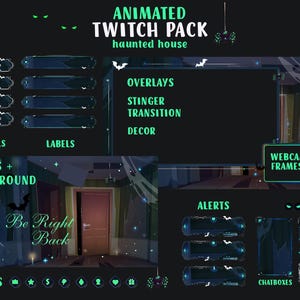 Może przedstawiać: Ciemnoniebieski animowany pakiet Twitch z motywem nawiedzonego domu. Zawiera panele, etykiety, nakładki, ramki kamery internetowej, alerty, okna czatu, sceny i tła. Widoczny jest tekst "Animated Twitch Pack" i "haunted house".