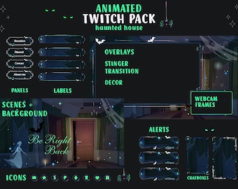 May include: A dark teal animated Twitch pack with a haunted house theme. Includes panels, labels, overlays, webcam frames, alerts, chat boxes, scenes, and backgrounds. The text "Animated Twitch Pack" and "haunted house" are visible.