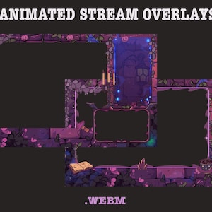 Op de afbeelding: Geanimeerde streamoverlays met een fantasiethema. De overlays hebben een paars en grijs kleurenschema met steen- en plantdetails. De tekst "ANIMATED STREAM OVERLAYS" en ".WEBM" worden weergegeven.