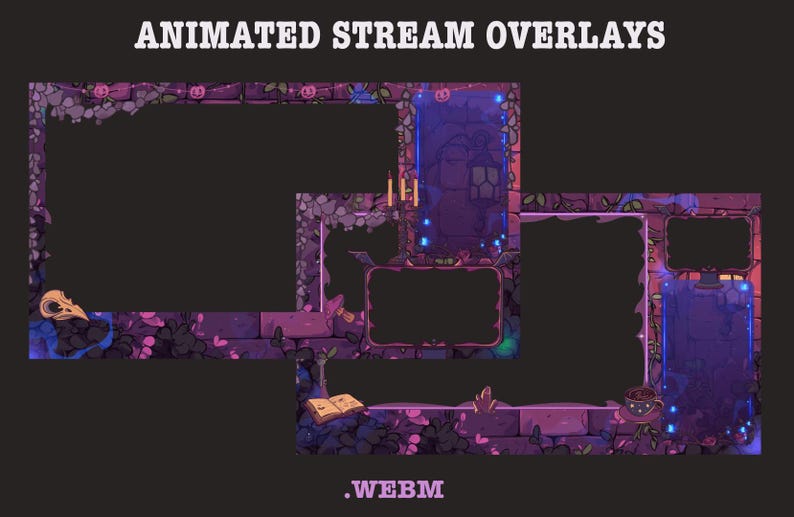 Op de afbeelding: Geanimeerde streamoverlays met een fantasiethema. De overlays hebben een paars en grijs kleurenschema met steen- en plantdetails. De tekst "ANIMATED STREAM OVERLAYS" en ".WEBM" worden weergegeven.