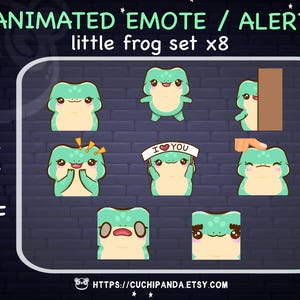 May include: A set of eight animated GIF emotes featuring a green frog with different expressions. The emotes are labeled "Animated Emote / Alert little frog set x8" and "GIF". The text "I &hearts; YOU" is featured on one of the emotes. The emotes are available for purchase at the website "https://cuchipanda.etsy.com".