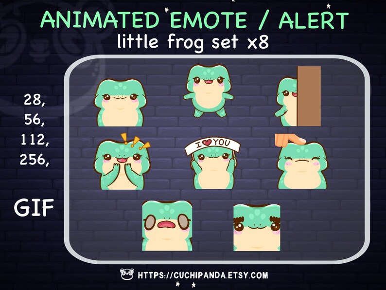 May include: A set of eight animated GIF emotes featuring a green frog with different expressions. The emotes are labeled "Animated Emote / Alert little frog set x8" and "GIF". The text "I &hearts; YOU" is featured on one of the emotes. The emotes are available for purchase at the website "https://cuchipanda.etsy.com".