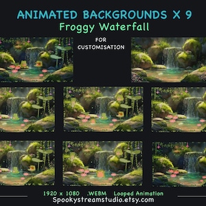 Può includere: Nove sfondi animati con una scena "Froggy Waterfall". Ogni scena raffigura uno stagno sereno con una cascata, rocce coperte di muschio e rane dei cartoni animati. Il testo "ANIMATED BACKGROUNDS X 9" e "Froggy Waterfall" sono in alto.