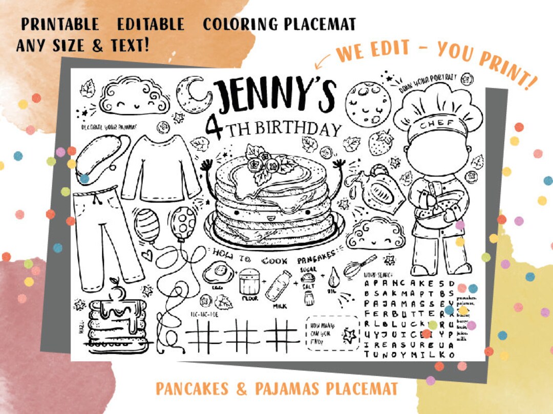 Pancakes and Pajamas Party Coloring Placemat Birthday Kids Activity