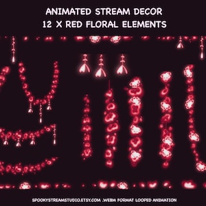 Puede incluir: Decoración de transmisión animada con 12 elementos florales rojos. La imagen muestra varios diseños florales animados, incluyendo guirnaldas y elementos colgantes, todos en un color rojo vibrante sobre un fondo oscuro. El texto "Animated Stream Decor" y "12 X Red Floral Elements" es visible.