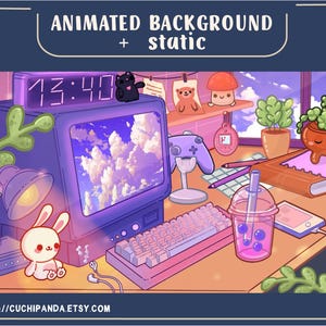 Animierter Lofi Stream Hintergrund: Kawaii Gamer Schreibtisch Overlay (WebM & MP4 Loopable Digital Download)
