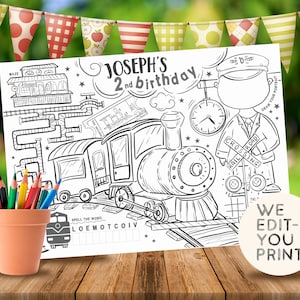 Zug Ausmal-Tischset Kleinkind Geburtstag Benutzerdefinierte Kinder Aktivität Blatt Digitale Datei Druckbare Lokomotive Eisenbahn Straße TR1