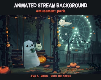 Animated Vtuber Stream Background, Ghost Cats Amusement Park, Cozy Autumn Scene (Webm & PNG Digital Download)