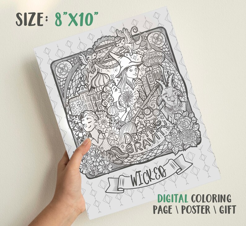 Wicked Musical Coloring Page Poster Glinda and Elphaba Wall Art Gift