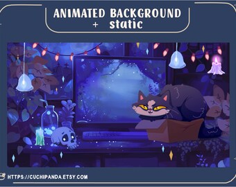 Animated Halloween Stream Background: Cat Skull, Dark Autumn Gamer Room (webm & PNG)
