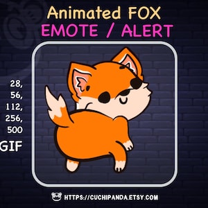 May include: Animated GIF of a cartoon fox with orange fur and a white muzzle, looking to the right and wagging its tail. The fox is in a variety of sizes, from 28 to 500 pixels. The text "Animated FOX EMOTE / ALERT" is above the fox, and the text "HTTPS://CUCHIPANDA.ETSY.COM" is below the fox.