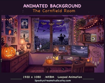 Animated Halloween Cornfield Room Background, Cozy Spooky Gamer Setup Overlay (WebM)