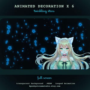 Könnte beinhalten: Eine animierte digitale Grafik mit einer Figur mit langem blonden Haar, spitzen Ohren und grünen Augen, die ein grünes Kleid trägt. Der Hintergrund zeigt blau funkelnde Sterne. Der Text umfasst ANIMATED DECORATION X 6, twinkling stars, full screen, transparent background, .WEBM, Looped Animation und Spookystreamstudio.etsy.com.