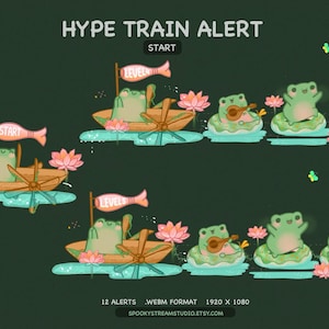 Può includere: Illustrazione digitale con il testo "HYPE TRAIN ALERT" e immagini di rane dei cartoni animati. Alcune rane sono in barca, altre suonano strumenti o sono su ninfee. Lo sfondo è verde scuro.