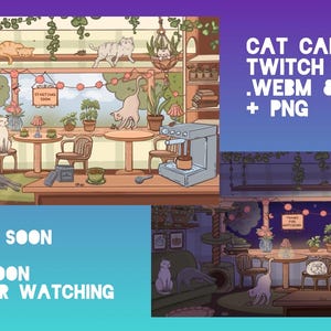 May include: An illustrated scene of a cat cafe with various cats, tables, and a coffee machine. The image includes text that says "CAT CAFE TWITCH SCREENS .WEBM & MP4 + PNG" and "STARTING SOON BRB ENDING SOON THNKS FOR WATCHING".