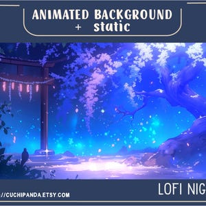 May include: Digital art of a nighttime Japanese scene with a torii gate and a large tree. The background is a gradient of blues and purples, with the text "ANIMATED BACKGROUND + static" at the top and "LOFI NIGHT" at the bottom. The Etsy shop URL is also visible.