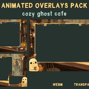 Op de afbeelding: Geanimeerd overlays-pakket met een gezellig spookcafé-thema. De afbeelding toont donkergroene frames met decoratieve elementen zoals pompoenen en sterren. Leuke spookkarakters zijn aanwezig, samen met een platenspeler en de tekst "Animated Overlays Pack" en "cozy ghost cafe."