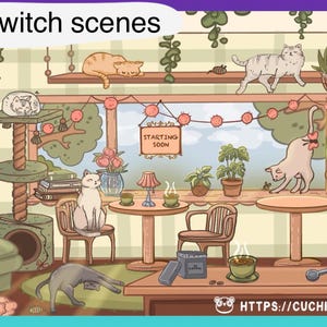Puede incluir: Ilustración de una cafetería para gatos con varios felinos. La escena incluye mesas, sillas, plantas y una cafetera. El texto en la parte superior dice "cat cafe twitch scenes" y un letrero "Starting Soon". La URL de la tienda Etsy es visible en la parte inferior.