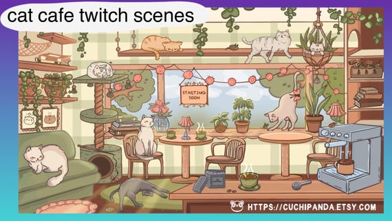 Cozy Cat Cafe Twitch Stream Screens, Kawaii Animated Overlay (MP4, WebM)
