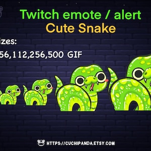 Puede incluir: GIF animado de una serpiente verde linda con ojos grandes y una lengua que sobresale. La serpiente se muestra en cinco tamaños diferentes: 28, 56, 112, 256 y 500 píxeles. El texto "Twitch emote / alert Cute Snake" se muestra encima de la serpiente, y el texto "5 sizes: 28,56,112,256,500 GIF" se muestra debajo de la serpiente.