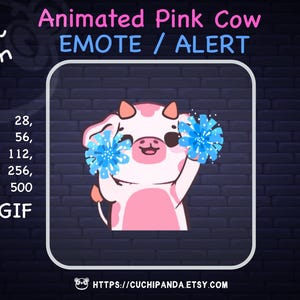 Pink Cow emote, Animated Cow Emote, Cow Alert, Cheer Alert, pom pom emote