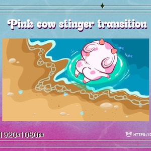 May include: A digital illustration featuring a pink cow character floating in the ocean on a green inflatable ring. The scene includes a sandy beach, blue water, and the text "Pink cow stinger transition". The image is framed with a decorative border.