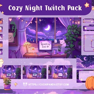 Purple Kawaii Cat Twitch Stream Overlay Pack: Animated Cozy Night Lofi Decor