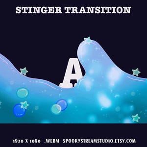 May include: A digital graphic with the text "STINGER TRANSITION" in white. The design features a blue wave with bubbles, stars, and the letter "A". The background is dark blue. The image is for a digital product.