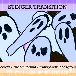 May include: Animated .webm transition featuring three blue ghosts with black eyes and mouths on a black background. The text "STINGER TRANSITION" appears at the top of the image. The text "2 colors / .webm format / transparent background" appears at the bottom of the image.