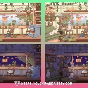 May include: An illustrated scene of a cat cafe, featuring multiple cats lounging on furniture and cat trees. The cafe has tables, chairs, and a coffee machine. The text "WELCOME TO MY CAFE" is visible in the window. The Etsy shop URL is at the bottom.