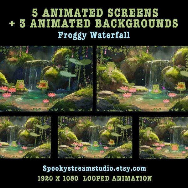 Cozy Frog Waterfall Stream Pack: Animierte Szenen, Hintergründe (1920x1080)