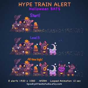 Peut inclure: Un graphique numérique intitulé HYPE TRAIN ALERT Halloween BATS montrant un train à vapeur animé avec des chauves-souris, des citrouilles, un croissant de lune et un cœur lumineux. Le texte inclut Start!, Level 3, All time high!, 8 alerts 1920 x 1080 .WEBM Looped Animation 12 sec Spookystreamstudio.etsy.com.