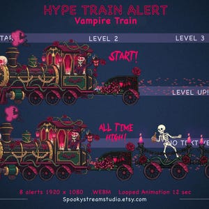 Peut inclure: Un graphique numérique intitulé HYPE TRAIN ALERT Vampire Train montrant une locomotive sombre avec des roses rouges, des chaînes dorées et un squelette conducteur. L'image affiche des niveaux, START, LEVEL UP, ALL TIME HIGH et un violoniste.