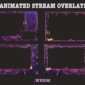 Op de afbeelding: Geanimeerde stream overlays met decoratieve frames in paars en roze. De frames zijn versierd met baksteen, wijnranken en gloeiende accenten. De tekst "ANIMATED STREAM OVERLAYS" en ".WEBM" is zichtbaar.