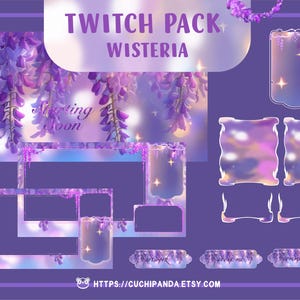 Wisteria Flowers Twitch Pack, Animated and static Screens, Overlay, panels, alert, Violet Stream Decor, floral stinger transition
