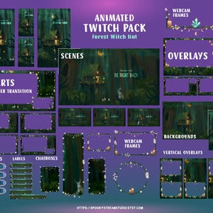 May include: An animated Twitch pack with a forest witch hut theme. Includes scenes, overlays, backgrounds, webcam frames, alerts, panels, labels, and chatboxes. The text "BE RIGHT BACK" is visible. The color scheme is purple, green, and gold.