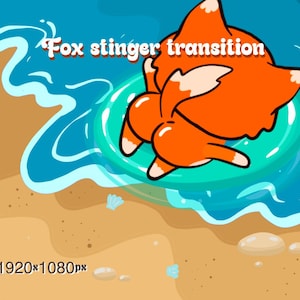 Op de afbeelding: Cartoon illustratie van een oranje vos in de oceaan met de tekst "Fox stinger transition". De vos zit in het water, met een zandstrand op de voorgrond en blauw water op de achtergrond. De afbeelding is in webm-formaat, 1920x1080px.