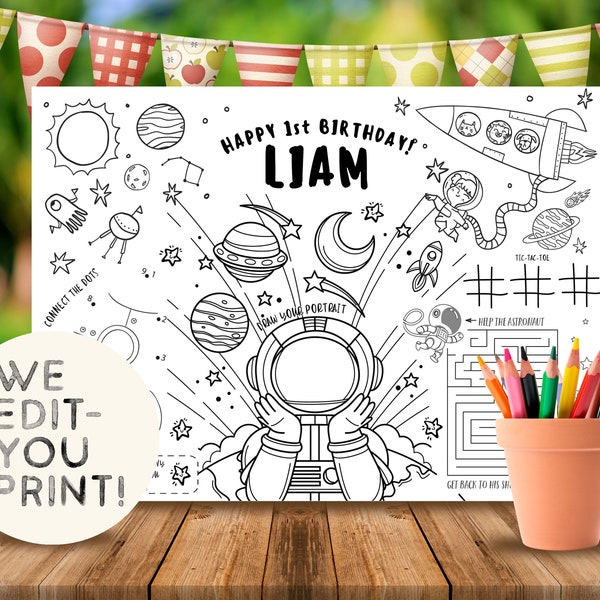 PRINTABLE Space Coloring Placemat 1st Year Around the Sun Birthday Party Coloring Sheet Games Digital File Activity Mat, C7