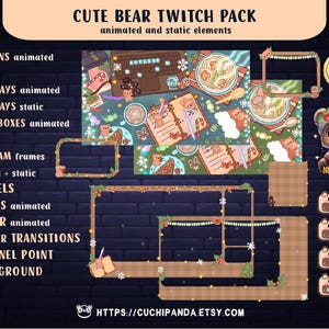 May include: A Twitch pack featuring a cute bear design with a winter theme. The pack includes animated and static elements such as screens, overlays, chat boxes, webcam frames, panels, alerts, decor, stinger transitions, a channel point, and a background. The pack also includes a new subscriber alert, artwork, about me, and commands.