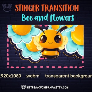 Puede incluir: Abeja animada con ojos grandes y una sonrisa, volando sobre un fondo de flores amarillas y azules. El texto "STINGER TRANSITION Bee and flowers" está en la parte superior de la imagen. El texto "1920x1080 .webm transparent background" está en la parte inferior de la imagen.