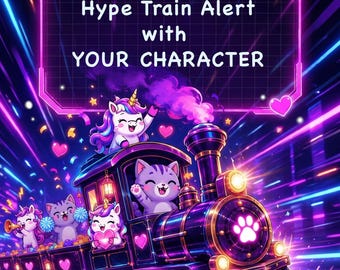 Aangepaste geanimeerde hype-trein-alert voor Twitch met je personage, mascotte, huisdier, VTuber-streamoverlay en 2D-widget voor je abonneedoel.