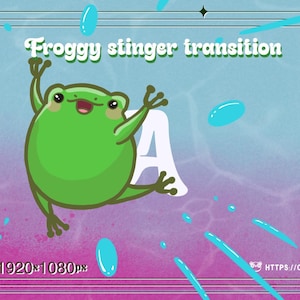 Może przedstawiać: Grafika cyfrowa z kreskówkową żabą i tekstem "Froggy stinger transition". Żaba jest zielona, z radosnym wyrazem twarzy, otoczona niebieskimi kroplami wody i liniami. Tło przechodzi od niebieskiego do różowego.